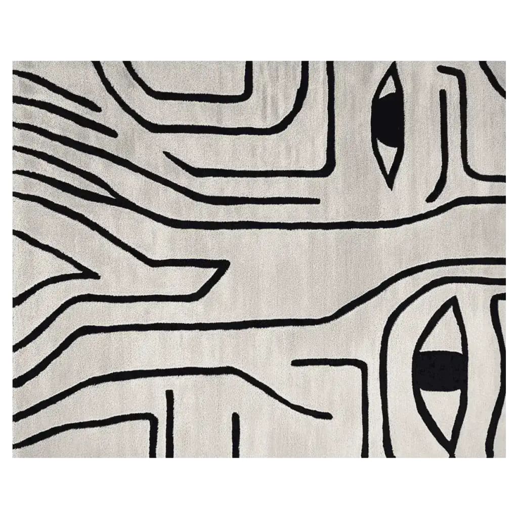 Top view of the Abstract Gaze Hand Tufted Rug, a contemporary area rug featuring bold black lines on a soft wool background, ideal for living room settings. This 8x10 rug adds a modern artistic touch to any space.