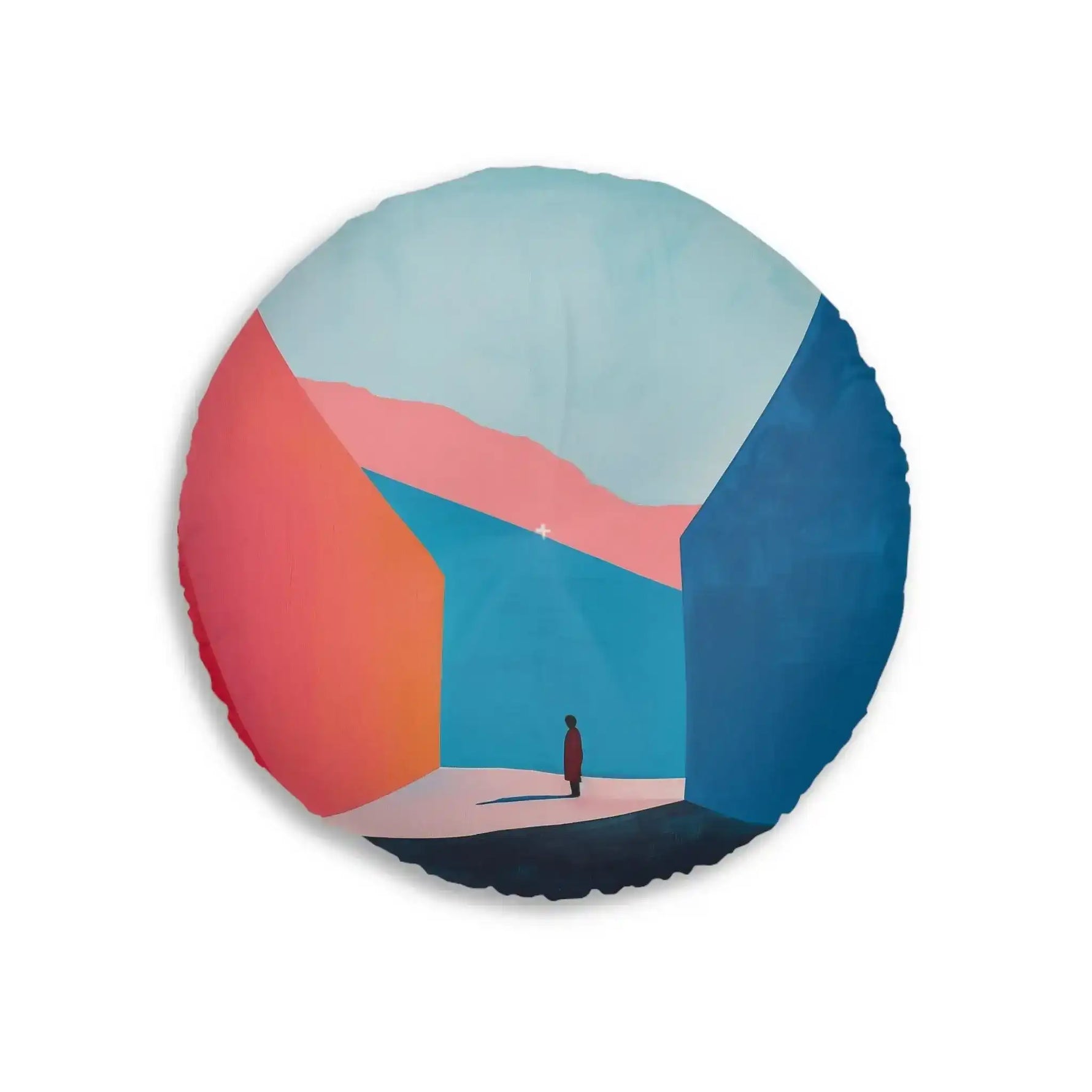 Abstract Geometric Color Block Floor Pillow round velvet cushion showing coral and blue geometric sections, angled view
