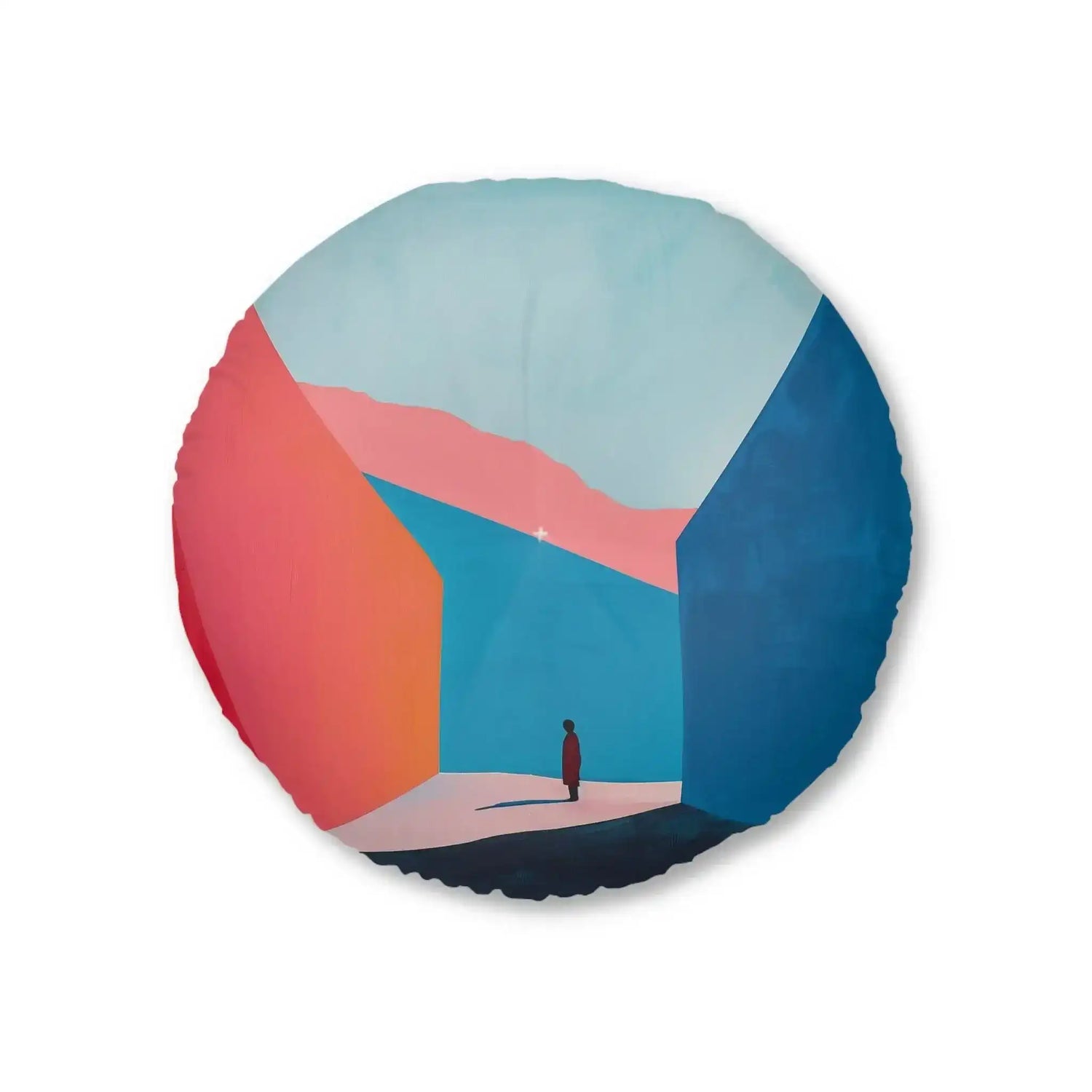 Round floor pillow with bold abstract geometric color block design in coral red and navy blue with a small human silhouette