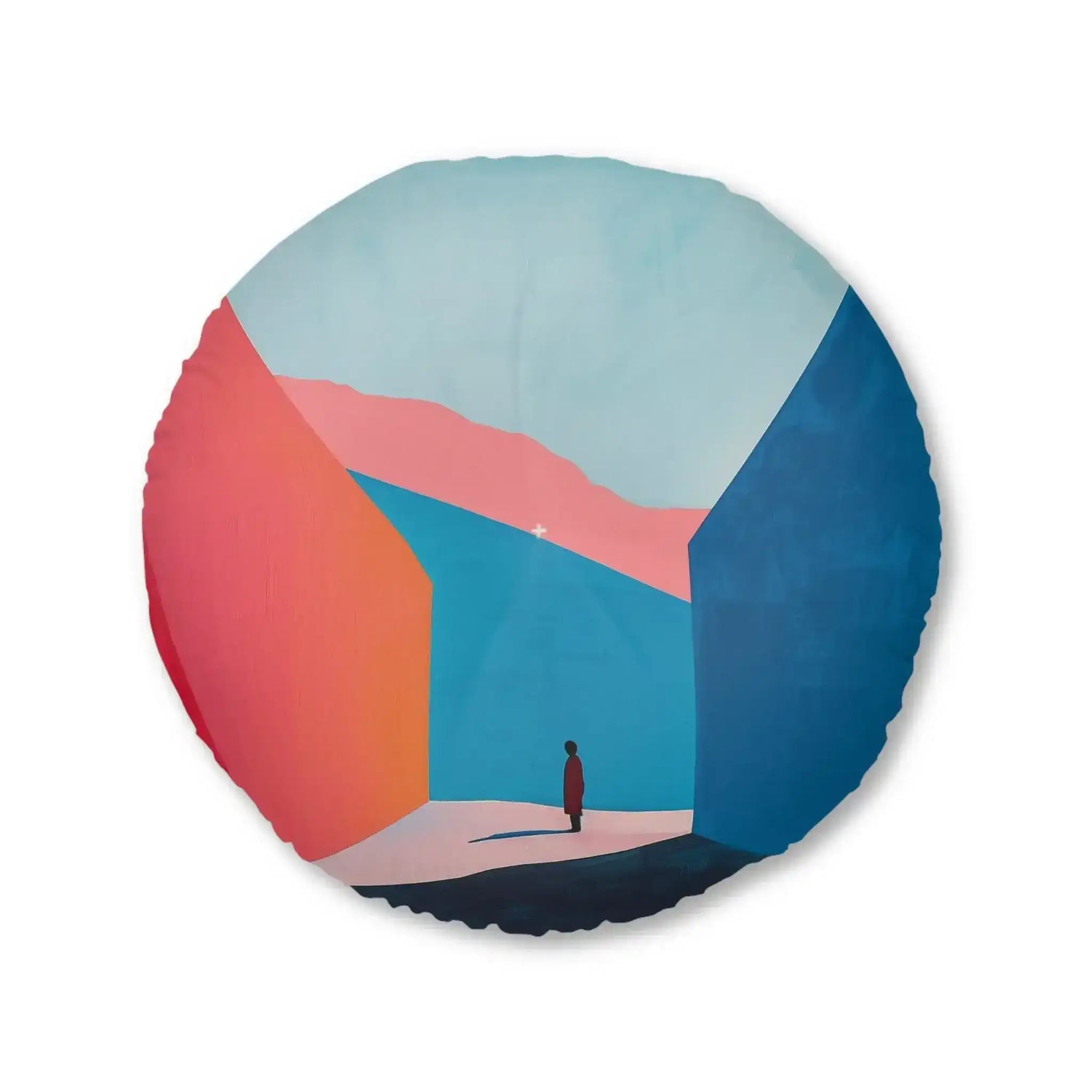 Abstract Geometric Color Block Floor Pillow round cushion with coral orange and navy blue sectioned design, side view