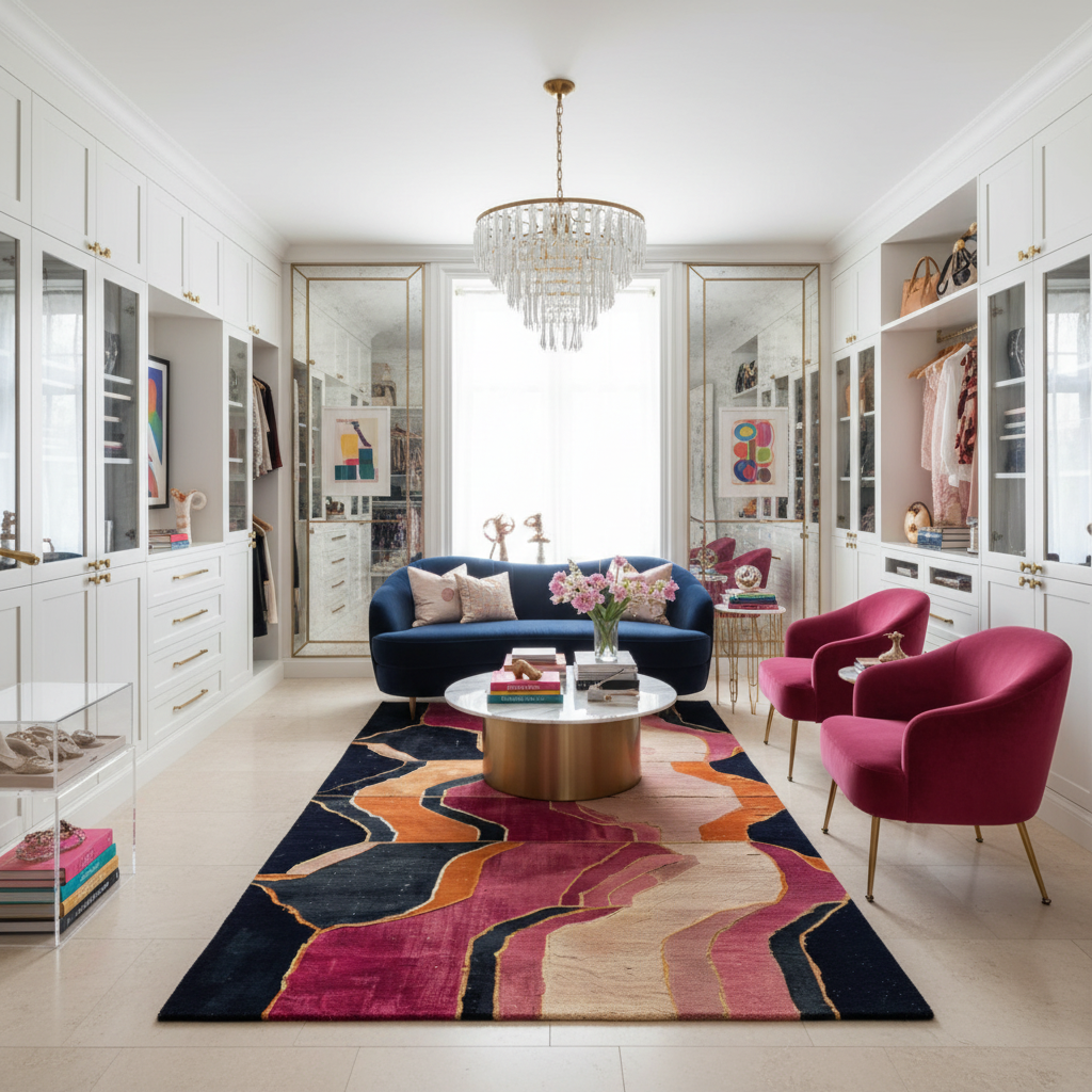 Modern living room with a blue sofa, pink chairs, and a colorful rug.