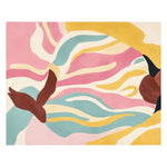 The Abstract Human Form Hand Tufted Rug features a vibrant, swirling design with pastel colors including pink, yellow, and blue. Perfect as a large living room rug, this contemporary wool area rug adds a splash of creativity and warmth to any living space.