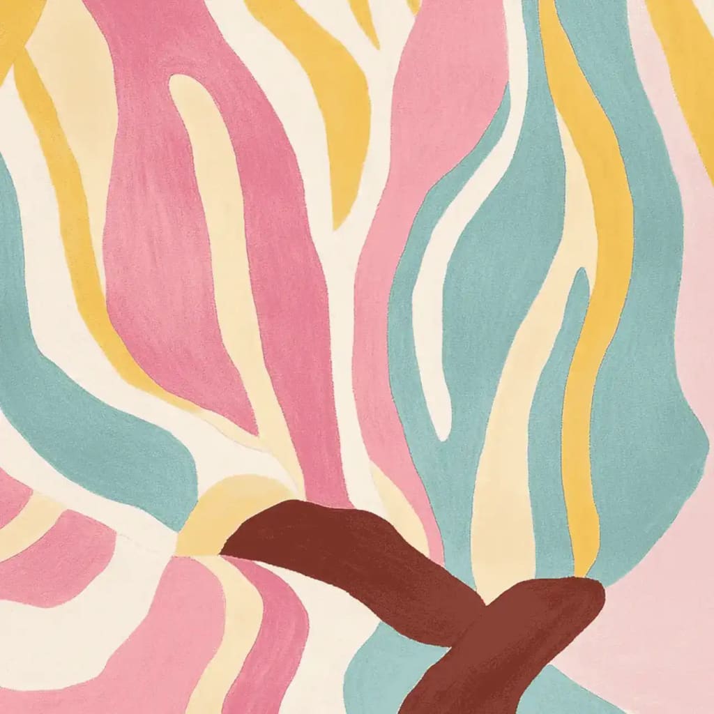 Vibrant abstract human form hand-tufted area rug featuring flowing pastel shades of pink, blue, yellow, and cream. Perfect for large living room spaces, this contemporary wool rug adds an artistic touch to any area, making it an ideal choice for stylish area rugs for living rooms.