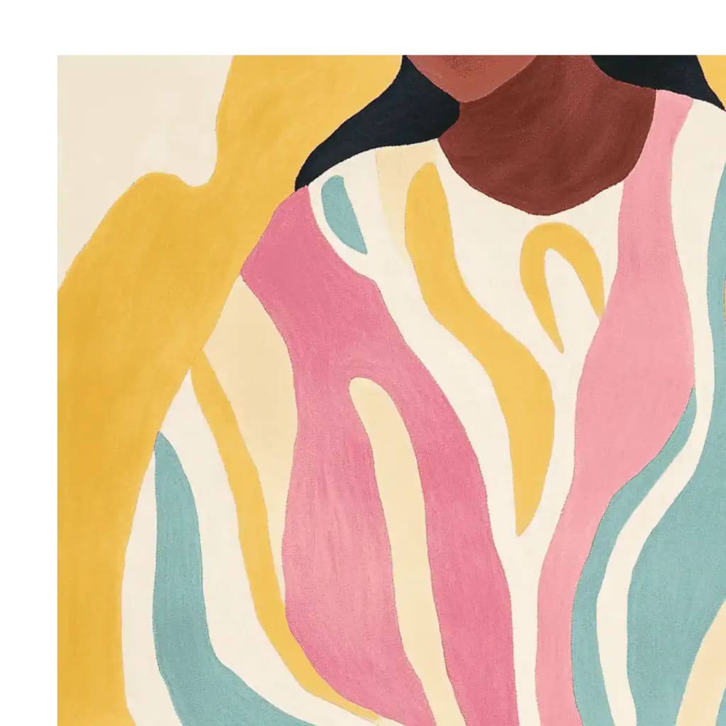 Close-up of an abstract human form hand tufted area rug, showcasing vibrant pink, yellow, blue, and cream hues. This contemporary wool rug is perfect for large living room spaces, adding a touch of modern elegance with its flowing design.