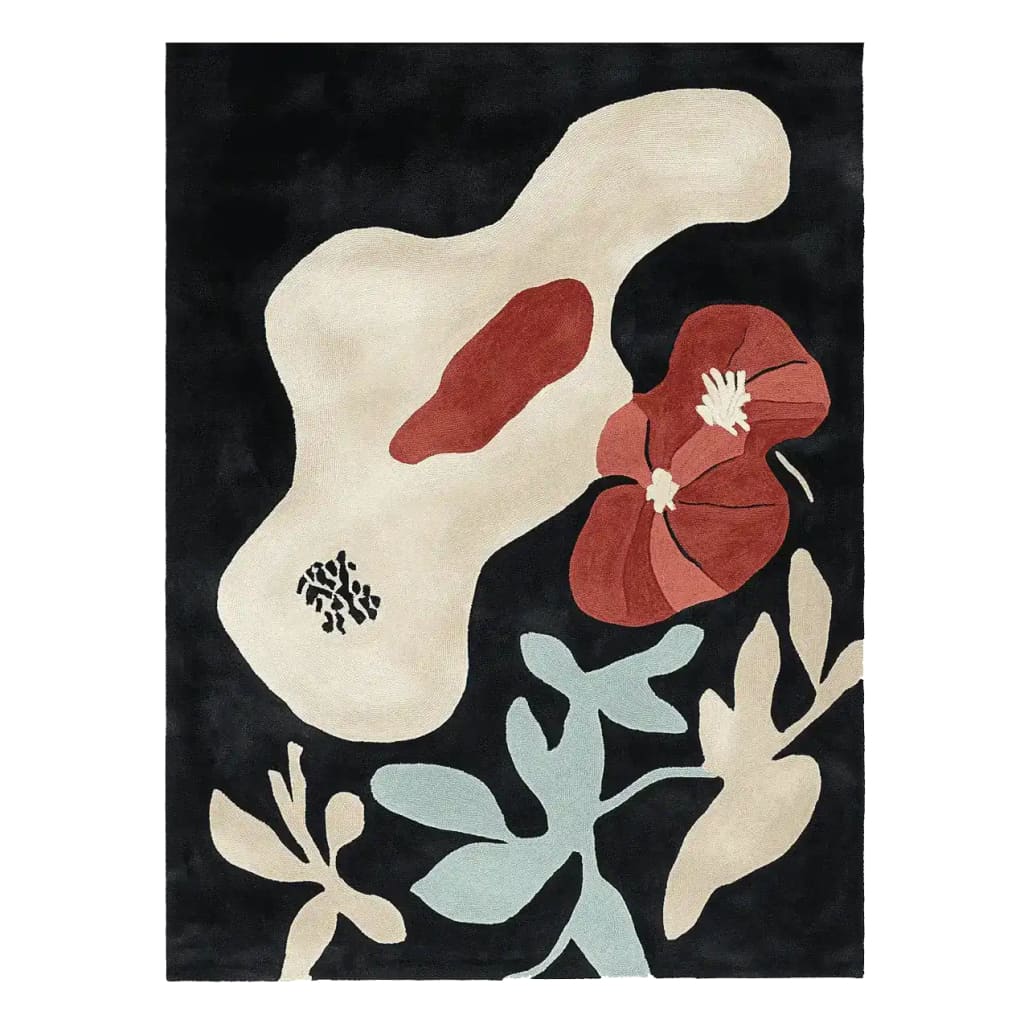 This stunning area rug, titled 'Abstract in Bloom Hand Tufted Rug', showcases a contemporary design with bold floral patterns in red, cream, and muted green against a black background. Perfect for adding a modern touch to your living room, this wool rug combines artistic flair with cozy comfort.