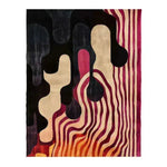 abstract ink blot hand tufted rug with black background, organic blob shapes and wavy burgundy cream stripes