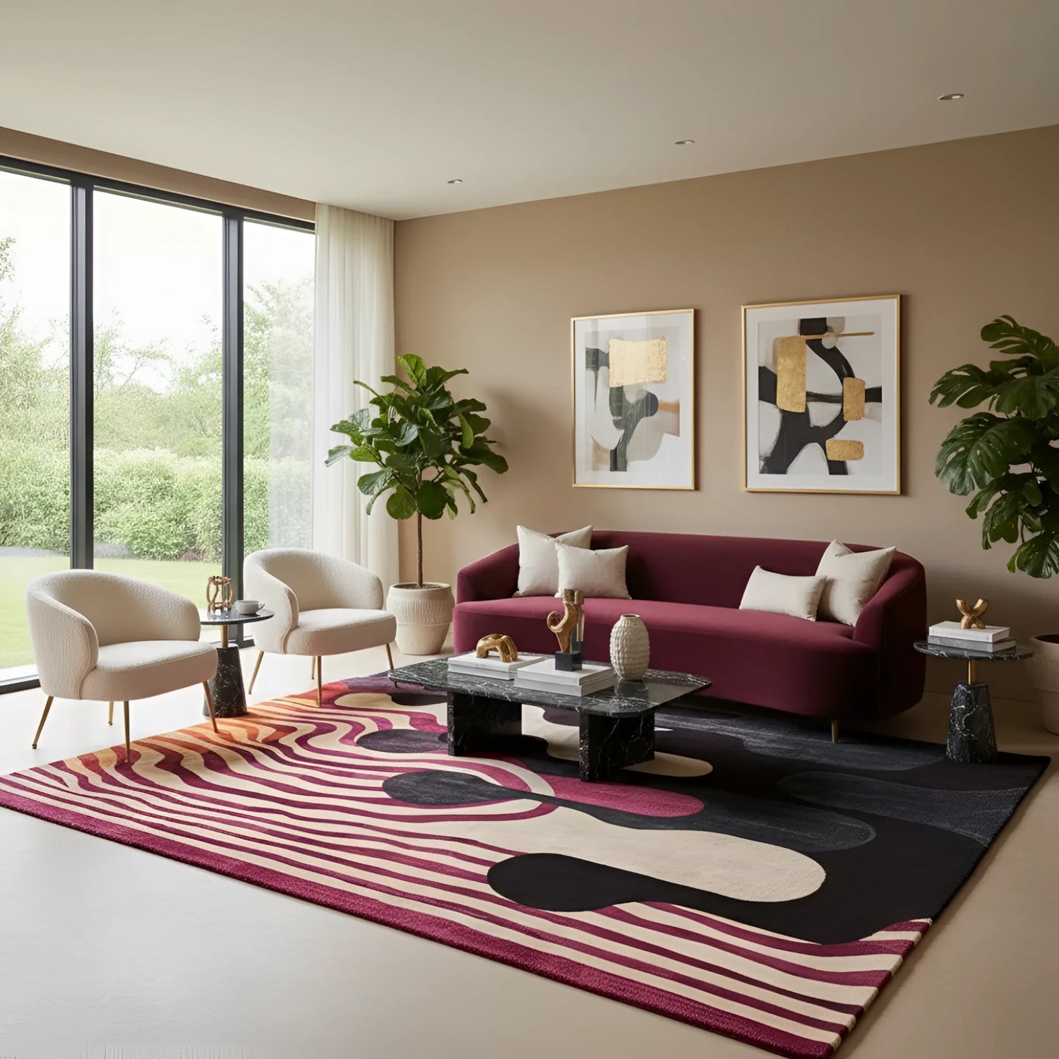 Modern living room with a red sofa, patterned rug, and abstract art on the wall.