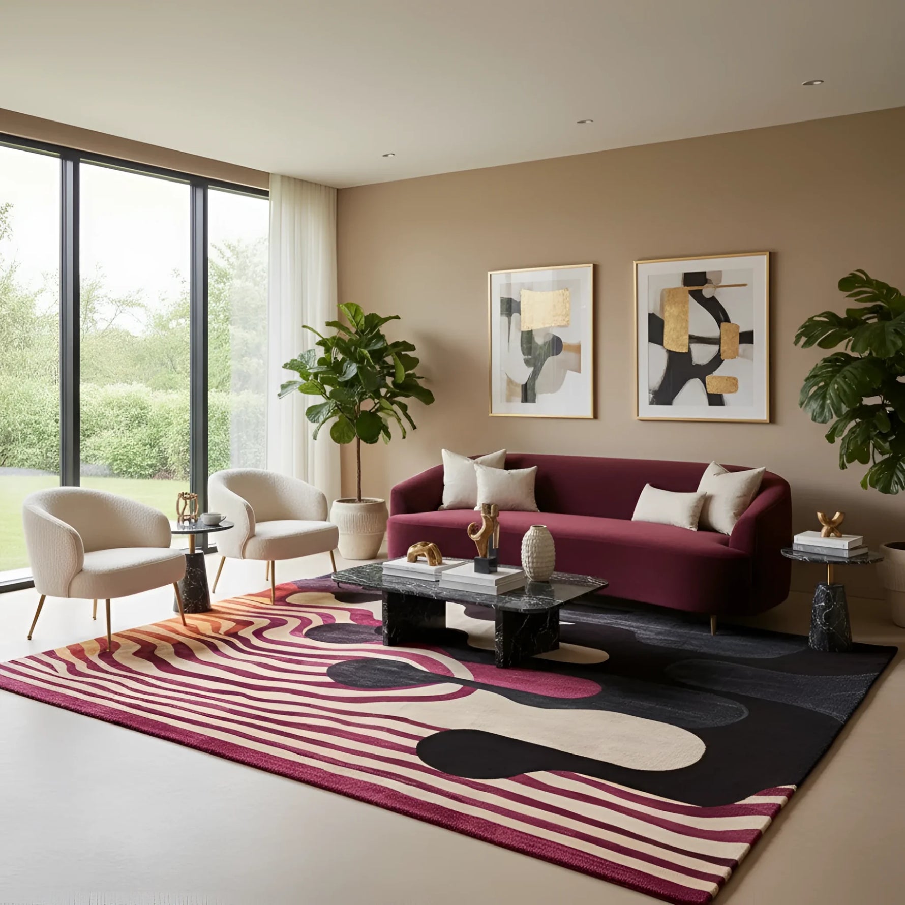 Modern living room with a red sofa, patterned rug, and abstract art on the wall.