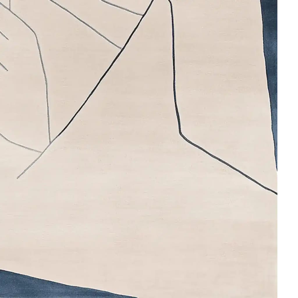 Close-up view of the Abstract Line Field Hand Tufted Area Rug featuring elegant black lines on a soft beige background, perfect for contemporary living room area rugs decor. This large living room rug, made of wool, adds a modern touch to any space.