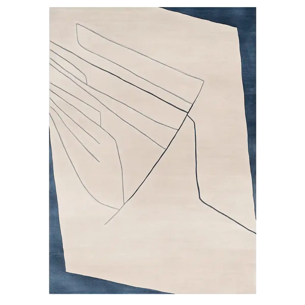 Top view of a contemporary wool area rug featuring abstract line patterns in a minimalist design. This large living room rug is perfect for adding a modern touch to your space, ideal for those seeking stylish living room area rugs.