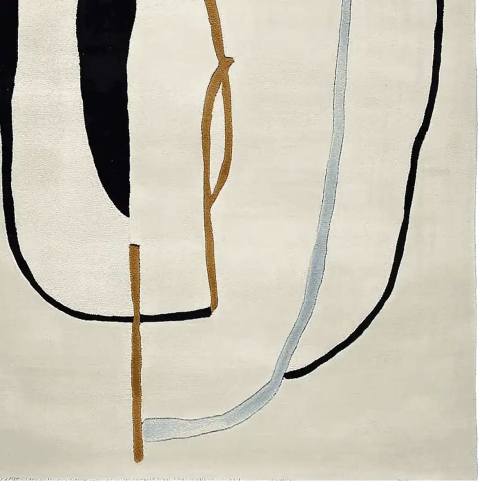 Top view of an abstract line story hand-tufted area rug, showcasing a contemporary design with bold black, brown, and light blue lines on a cream background. Perfect for large living room spaces, this wool rug adds a modern touch to any decor.