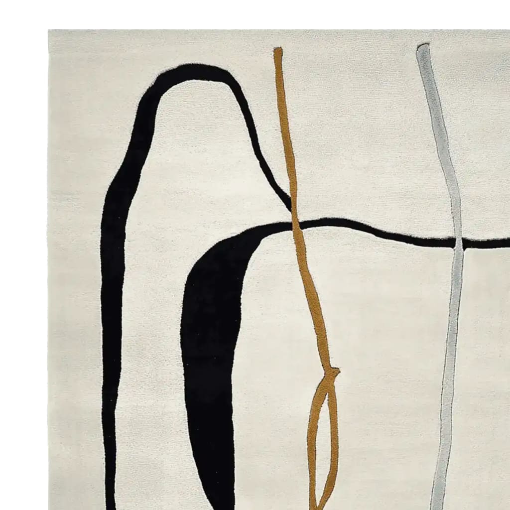 This area rug features an abstract line design with bold black, brown, and grey hues on a cream background, perfect for enhancing any living room. The contemporary wool rug offers a stylish and modern touch, making it an ideal choice for large living room rugs.