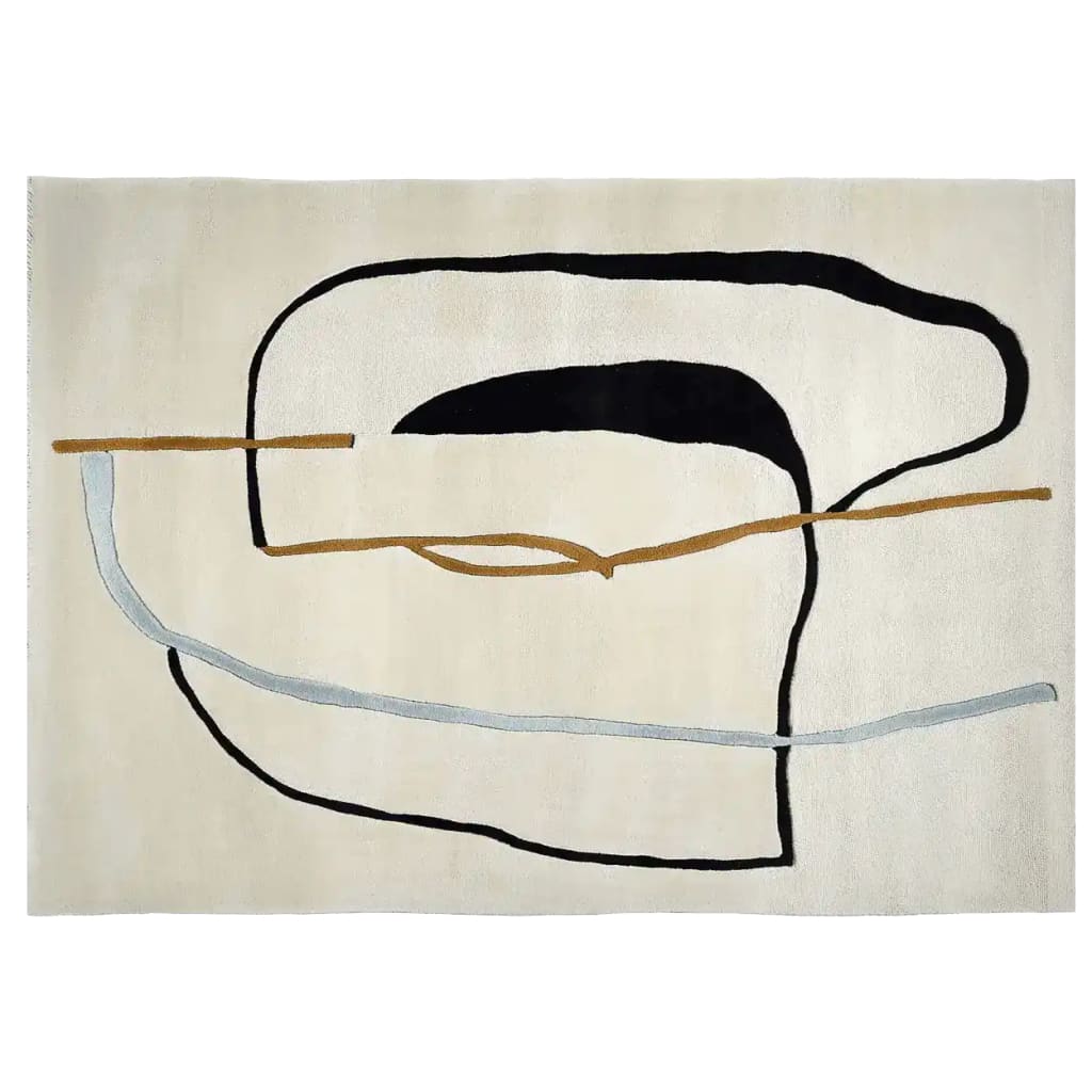 A contemporary area rug featuring an abstract design with bold black, brown, and gray lines on a cream background. Perfect for enhancing large living rooms, this wool rug combines modern aesthetics with comfort, making it an ideal choice for those seeking stylish and contemporary living room area rugs.