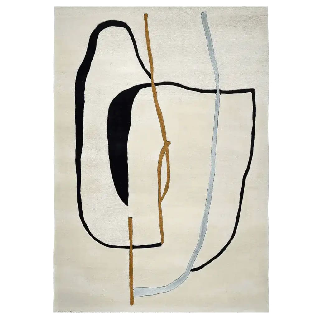 This contemporary wool area rug features an abstract line design, perfect for enhancing large living room spaces. The hand-tufted rug showcases a harmonious blend of black, brown, and grey lines on a cream background, making it an ideal choice for those seeking stylish living room area rugs.