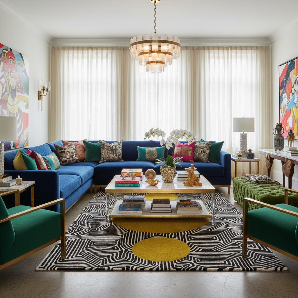 Modern living room with a blue sectional sofa, colorful pillows, and a patterned contemporary rug.