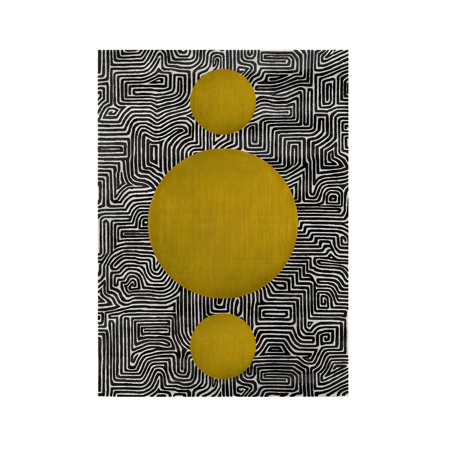 A stylish area rug featuring an abstract maze pattern with golden sun motifs, hand tufted from wool. Perfect for enhancing living room and dining room spaces, this large area rug adds a touch of elegance to formal dining room settings.