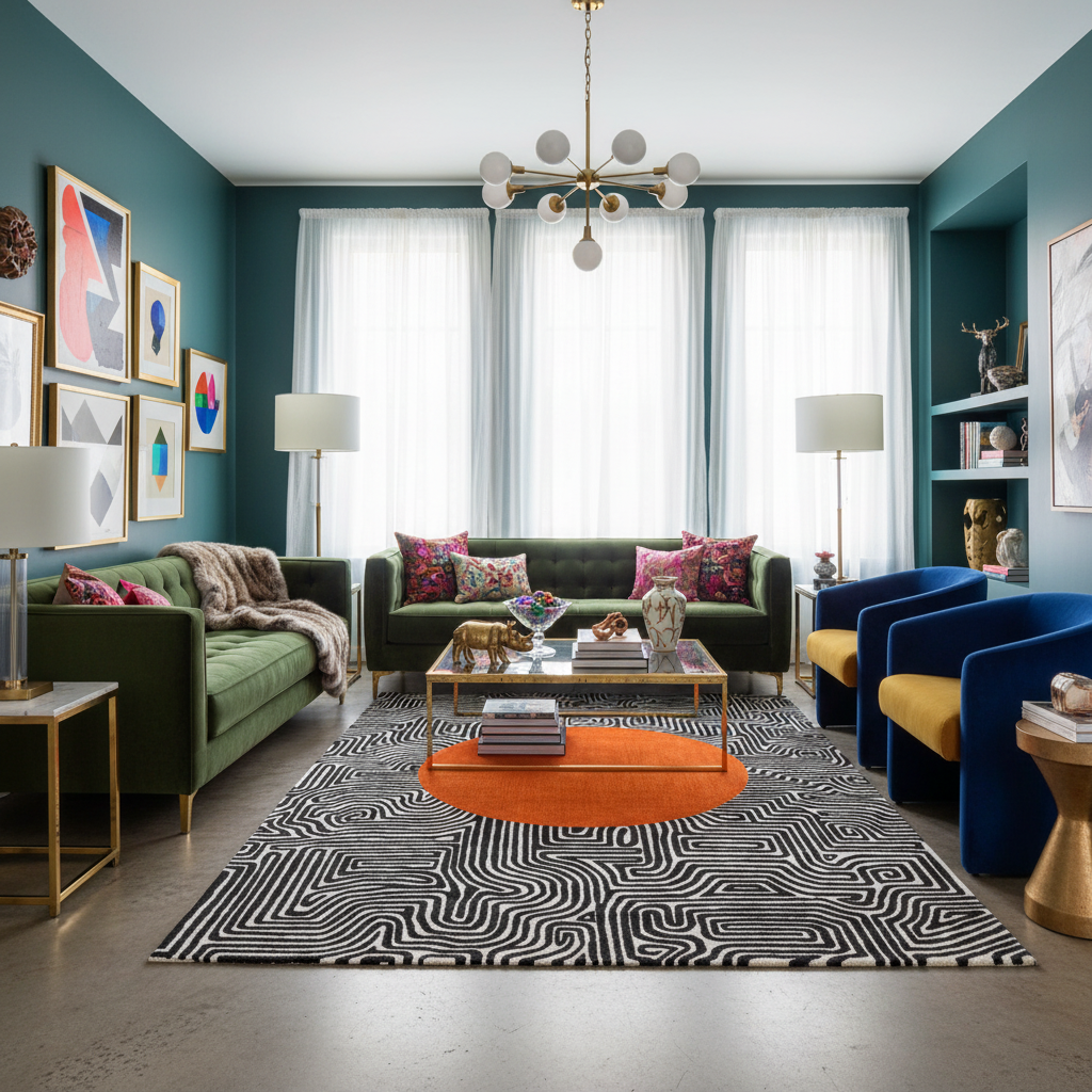 Abstract Maze Orange Sun Hand Tufted Wool Rug