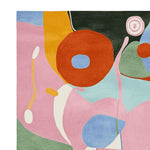 Vibrant abstract design of the Abstract Meadow Dance Hand Tufted Area Rug, featuring bold, colorful shapes in pink, orange, blue, and green. Perfect for adding a contemporary touch to any living room, this wool rug combines artistic flair with functionality.