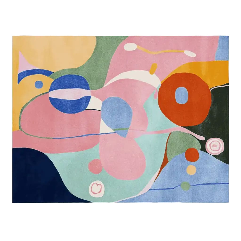 Colorful abstract design on an area rug featuring playful shapes and vibrant hues, perfect for a contemporary look in your living room. This hand-tufted wool rug combines artistry with comfort, making it an ideal choice for area rugs in modern spaces.