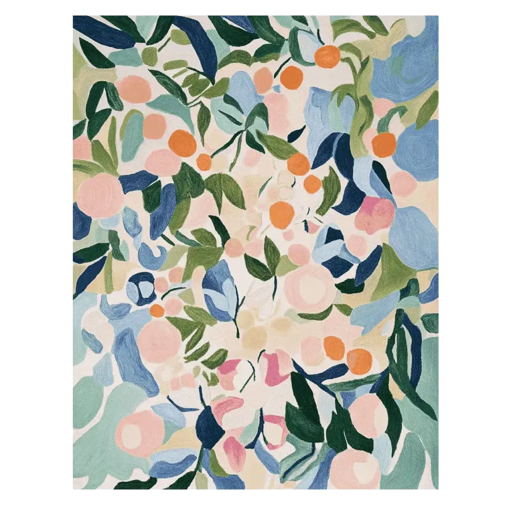 This vibrant Abstract Nature Echo Hand Tufted Area Rug features a lush pattern of overlapping leaves and soft pastel shades. Ideal for large living rooms, this contemporary wool rug combines artful design with comfort, making it a perfect choice for those seeking stylish rugs for living room decor.