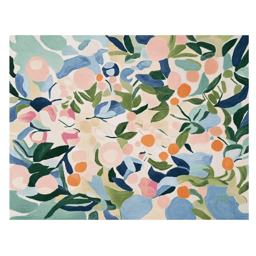A colorful abstract area rug featuring a blend of pastel and vibrant hues with floral and leaf patterns, perfect for large living room spaces. This contemporary wool rug adds a touch of nature-inspired elegance to any setting, making it an ideal choice for those seeking stylish rugs for living room decor.