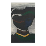 Dark charcoal Abstract Noir Portrait Rug with swirling white brushstrokes framing shadowed face, gold bar at base, blue-green tones