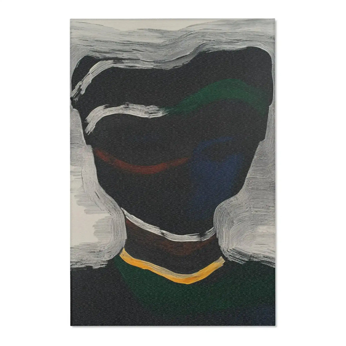 Dark charcoal Abstract Noir Portrait Rug with layered white brushstroke halo, deep green and blue undertones, gold accent