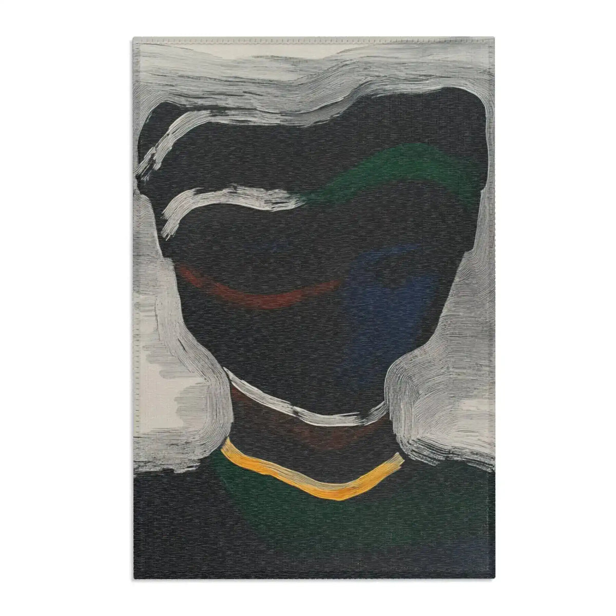 Dark charcoal Abstract Noir Portrait Rug showing white swirl motif around shadowed silhouette, gold stripe below, green-blue hues