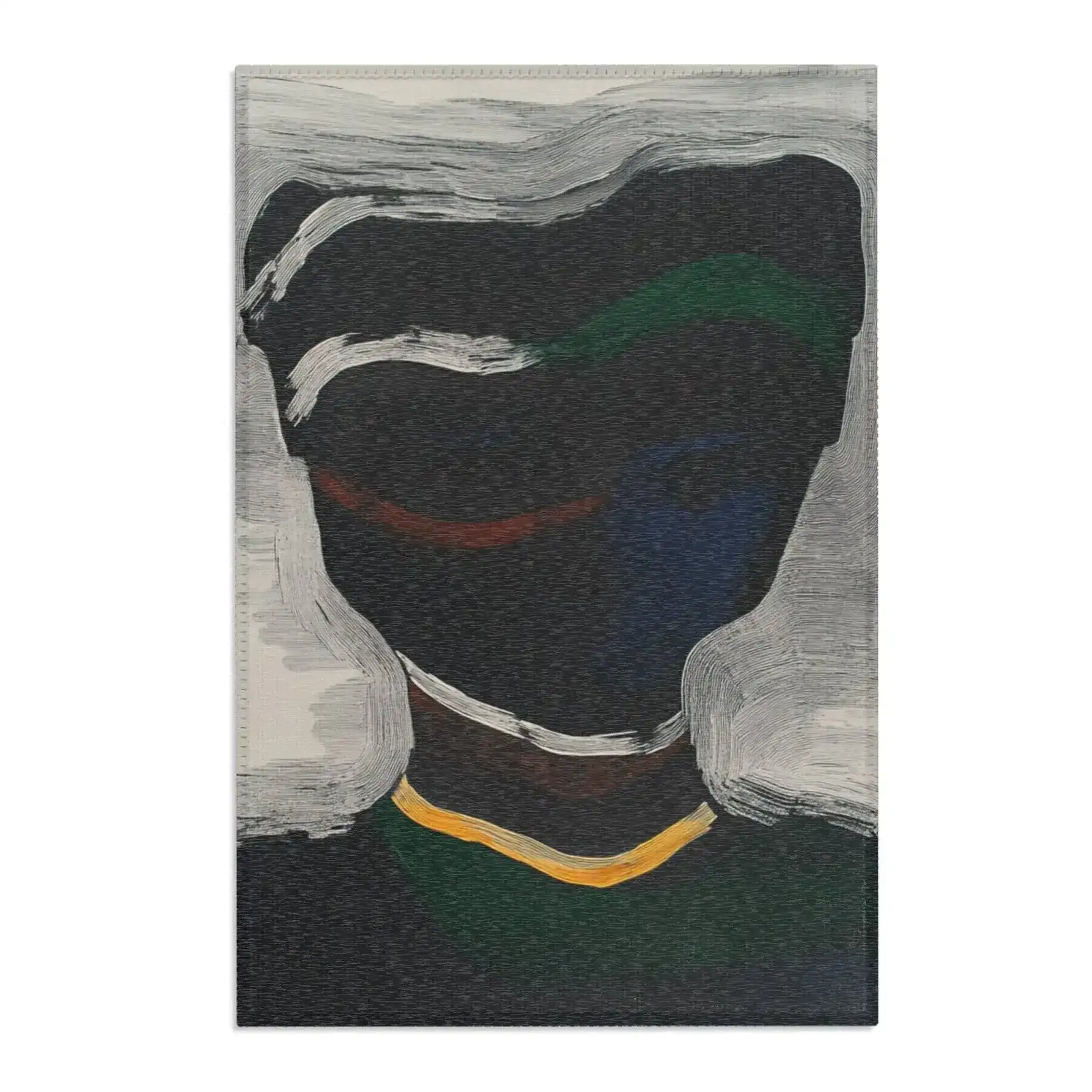 Dark charcoal Abstract Noir Portrait Rug showing white swirl motif around shadowed silhouette, gold stripe below, green-blue hues