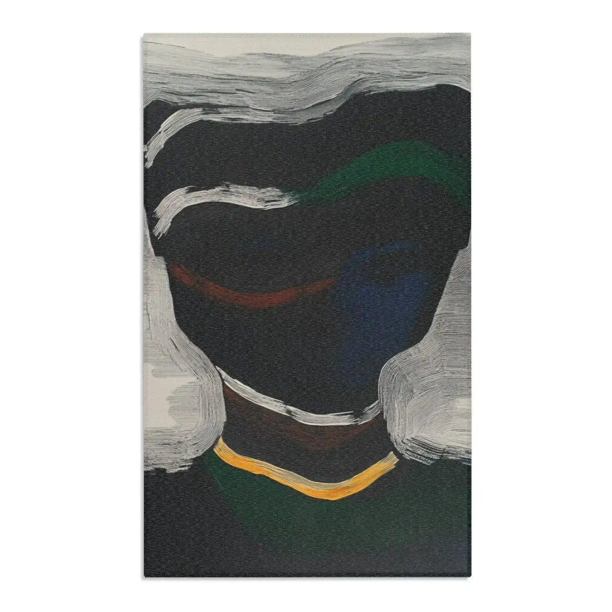Dark charcoal Abstract Noir Portrait Rug with bold white brushstroke curves framing dark face, gold band detail, green shadows