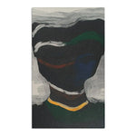 Dark charcoal Abstract Noir Portrait Rug with bold white brushstroke curves framing dark face, gold band detail, green shadows
