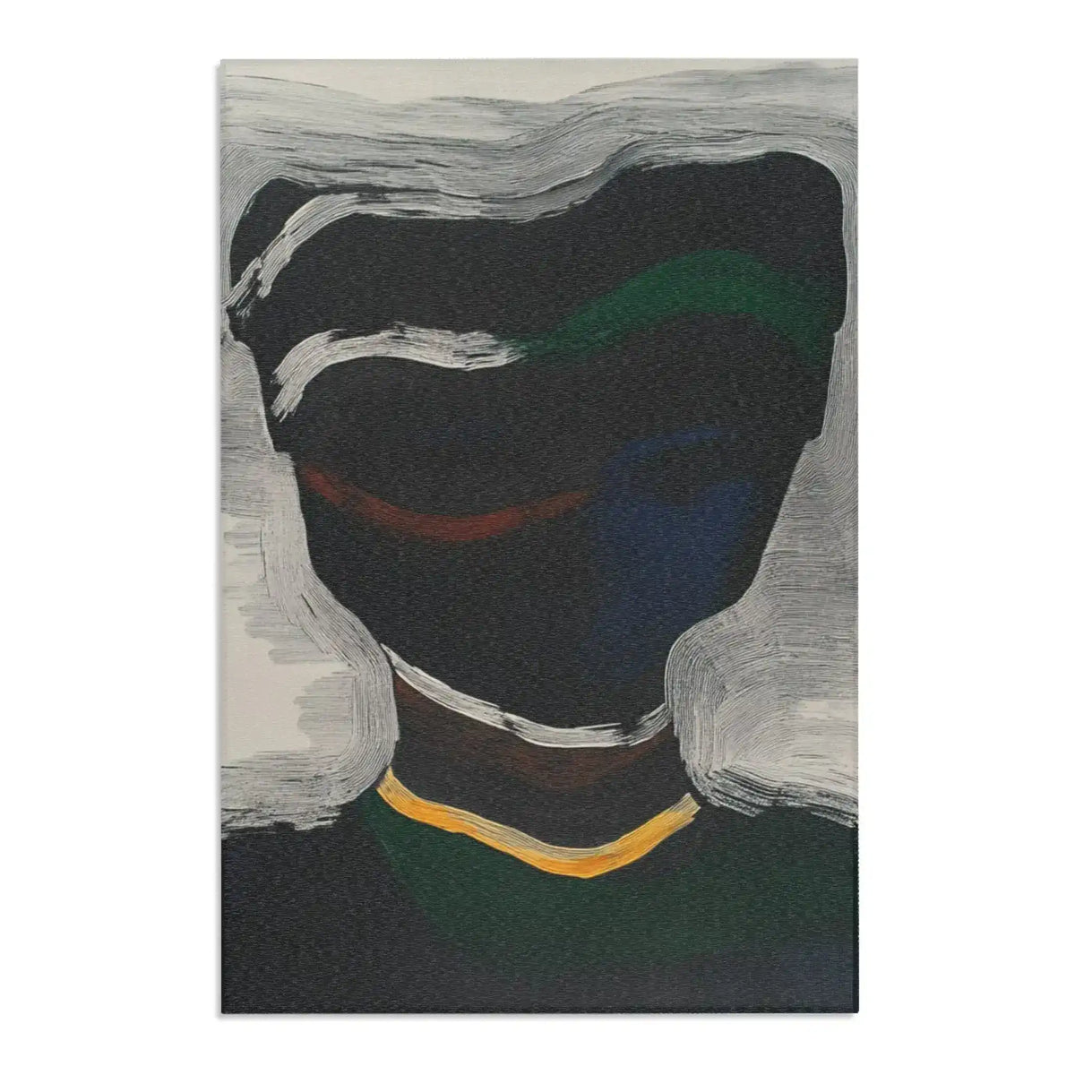 Dark charcoal Abstract Noir Portrait Rug with white swirling contour, red-brown arc and blue shadow tones, gold base accent