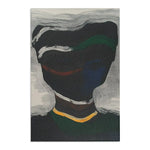 Dark charcoal Abstract Noir Portrait Rug with white swirling contour, red-brown arc and blue shadow tones, gold base accent
