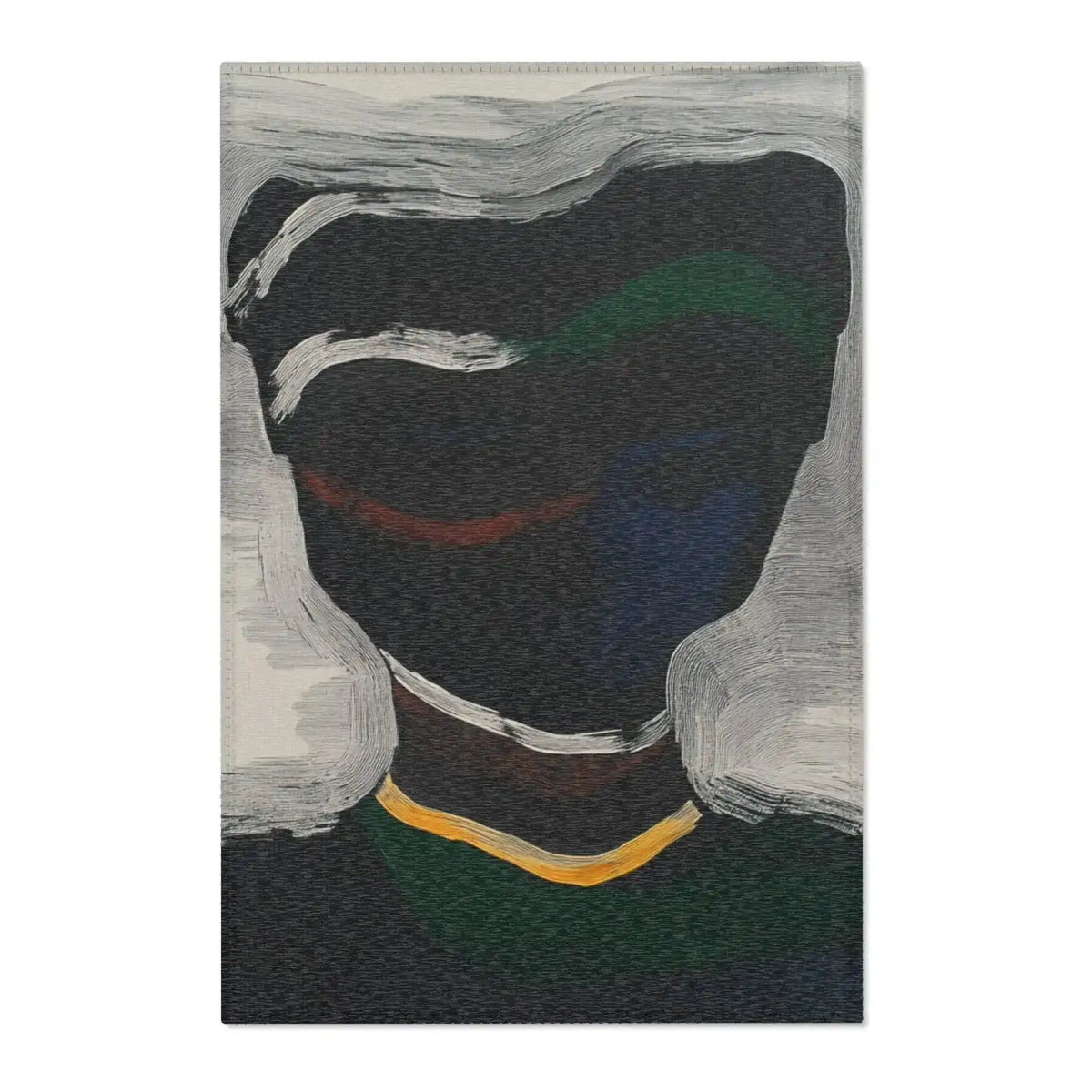 Dark charcoal Abstract Noir Portrait Rug with white brushstroke silhouette framing shadowed face, gold accent bar, green-blue tones, front view