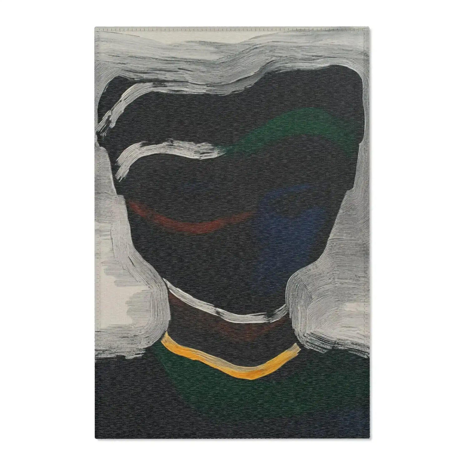 Dark charcoal Abstract Noir Portrait Rug with white brushstroke silhouette framing shadowed face, gold accent bar, green-blue tones, front view