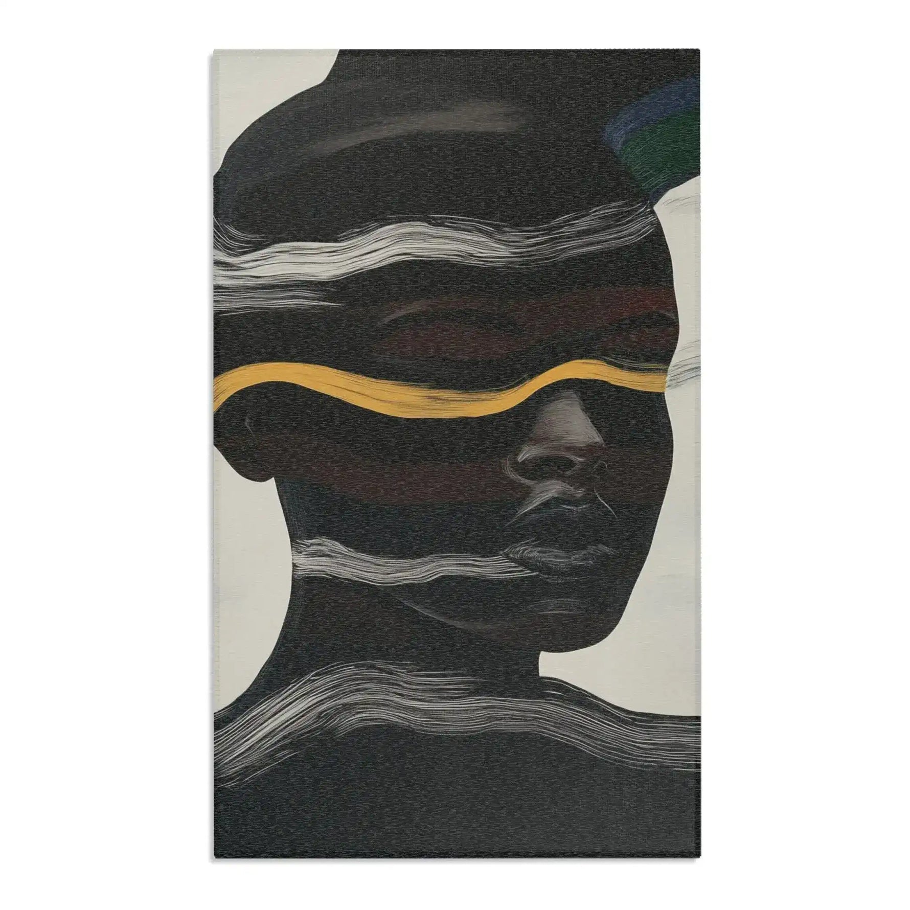 Abstract Noir Striped Elegance Rug alternate angle — charcoal portrait with flowing white wave stripes and warm gold horizontal accent