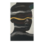 Abstract Noir Striped Elegance Rug face detail — closer crop of dark portrait with white horizontal lines and amber gold stripe at brow