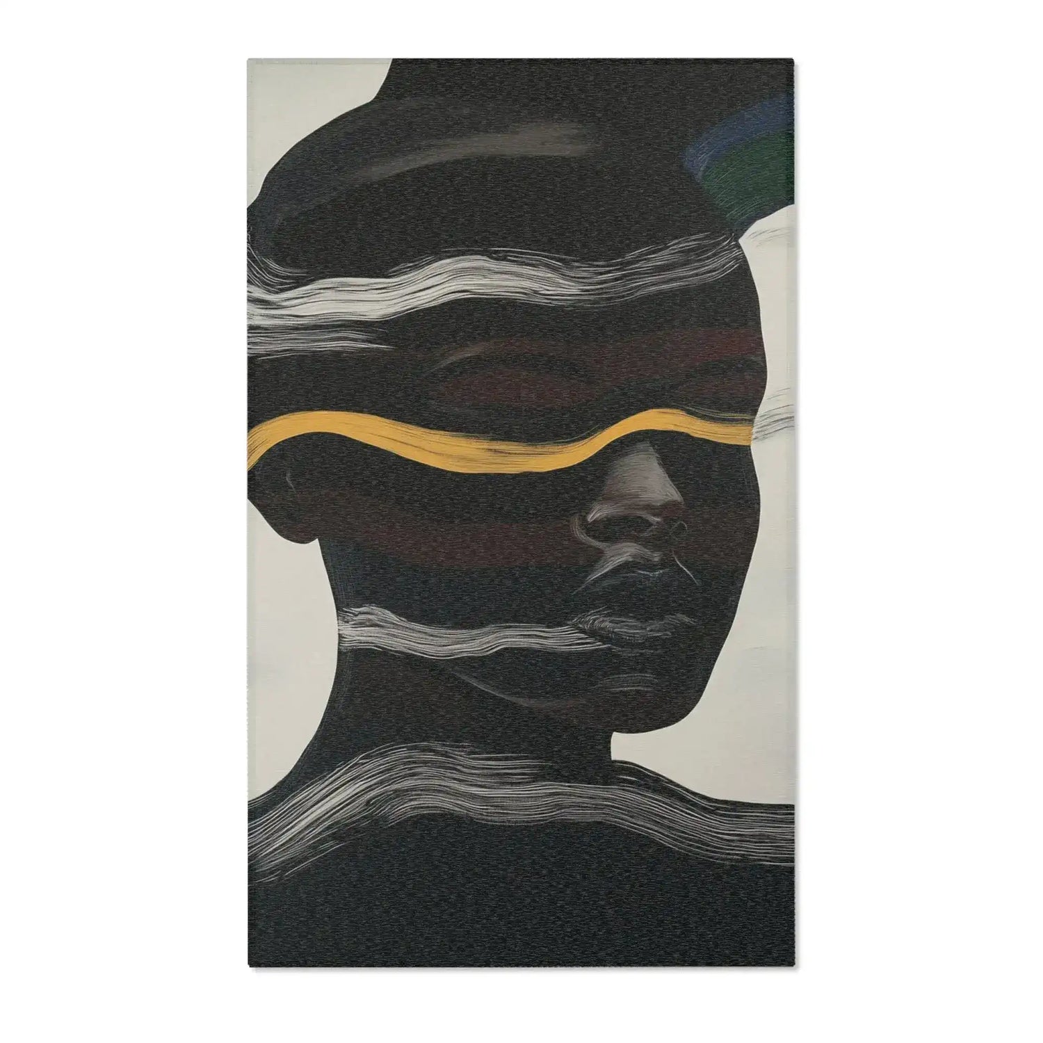 Abstract Noir Striped Elegance Rug face detail — closer crop of dark portrait with white horizontal lines and amber gold stripe at brow