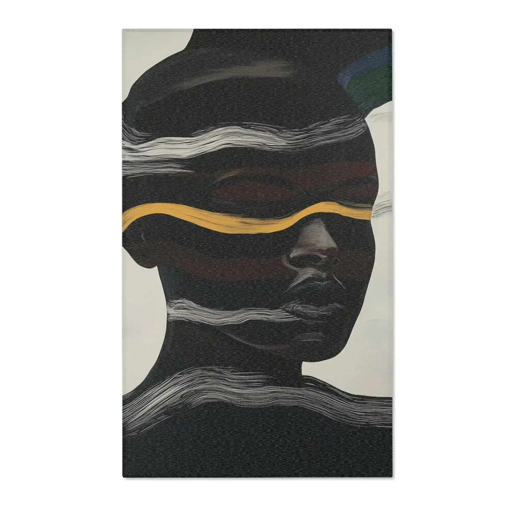 Abstract Noir Striped Elegance Rug face detail — closer crop of dark portrait with white horizontal lines and amber gold stripe at brow