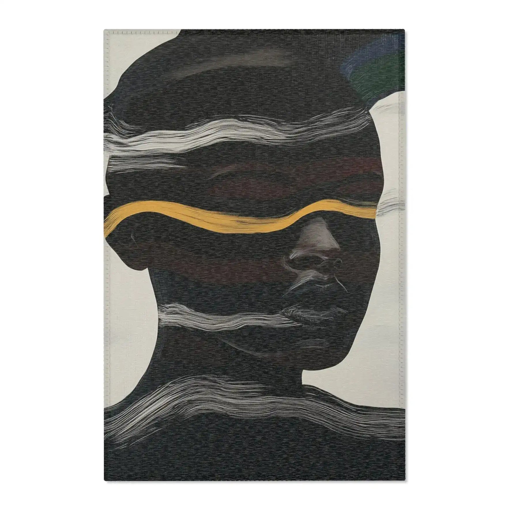 Abstract Noir Striped Elegance Rug flat lay — dark silhouette portrait with horizontal white wave stripes and gold eye band on ivory ground