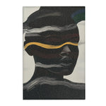 Abstract Noir Striped Elegance Rug wide front shot — dark portrait silhouette, white wave lines, gold stripe, rug border stitching visible