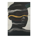 Abstract Noir Striped Elegance Rug portrait view — full head and shoulder silhouette with white flowing wave stripes and gold accent band