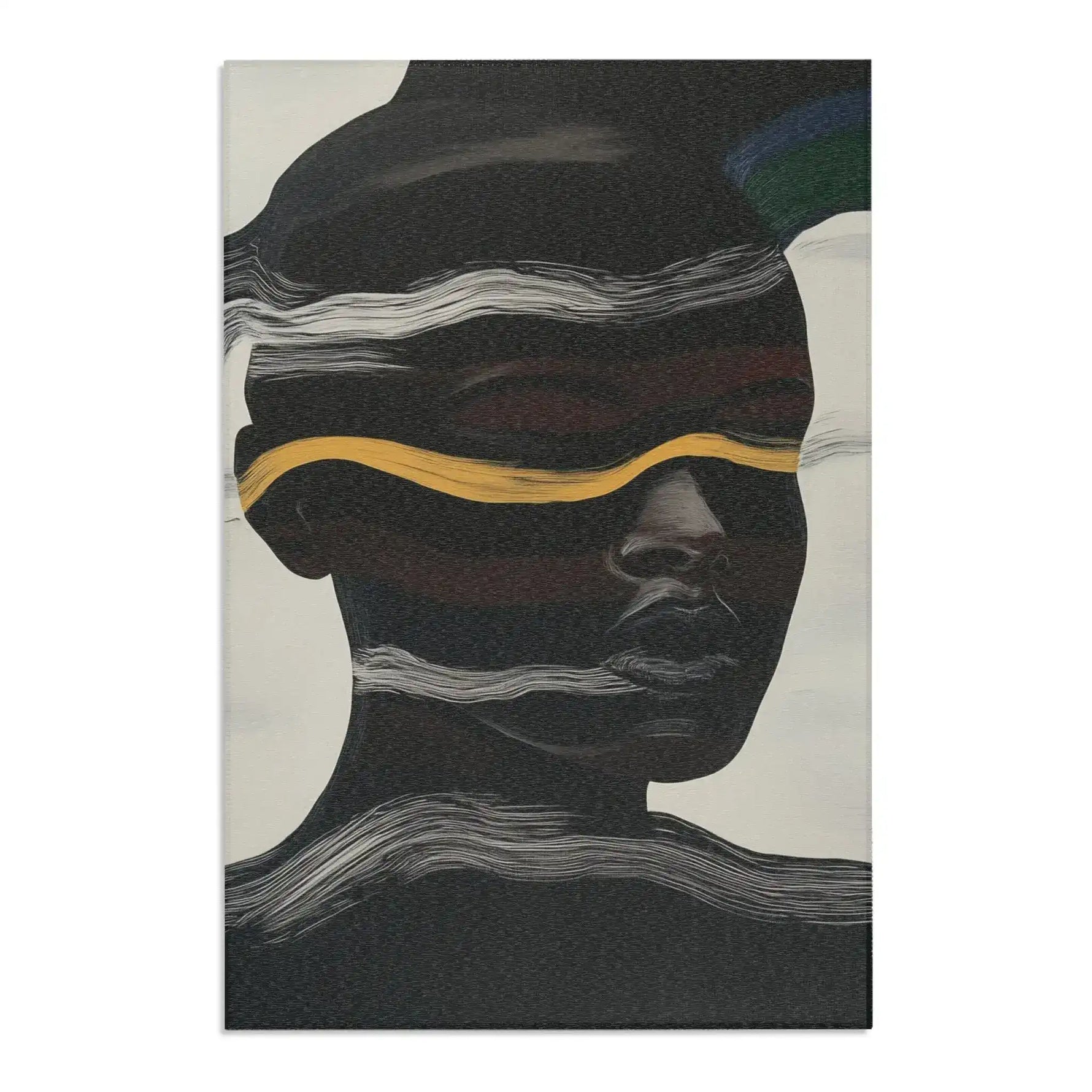 Abstract Noir Striped Elegance Rug bright side lighting — dark figure with white wave lines, gold stripe, right edge illuminated for texture