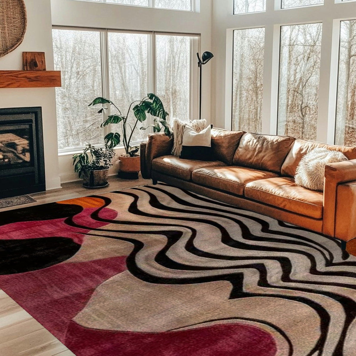 abstract odyssey hand tufted viscose rug in a light-filled room with floor-to-ceiling windows, leather sofa and fireplace