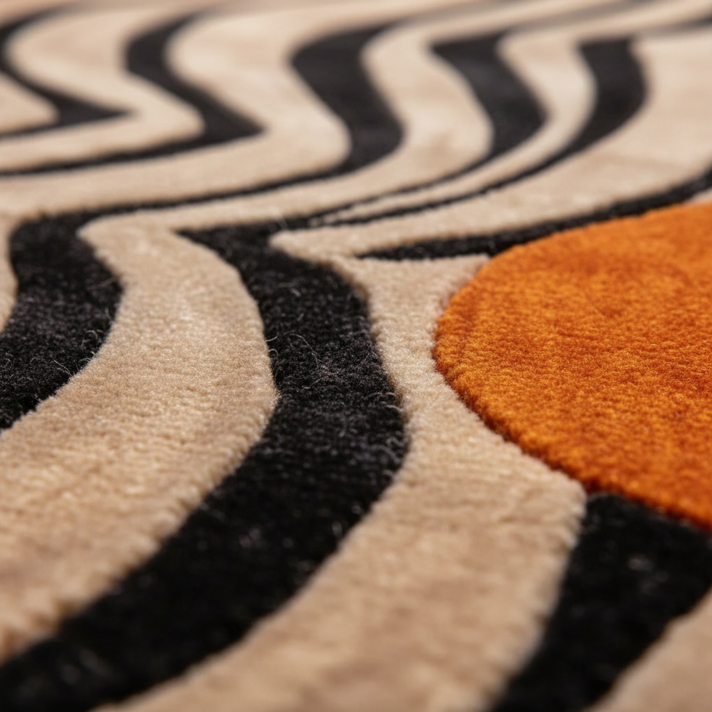 abstract odyssey hand tufted viscose rug detail showing wavy cream and black stripes with orange blob form and plush pile texture