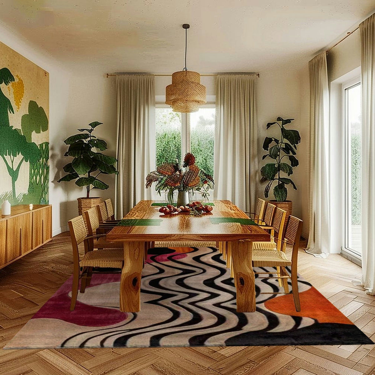 abstract odyssey hand tufted viscose rug in a botanical dining room with live-edge wood table, rattan pendant and tropical plants
