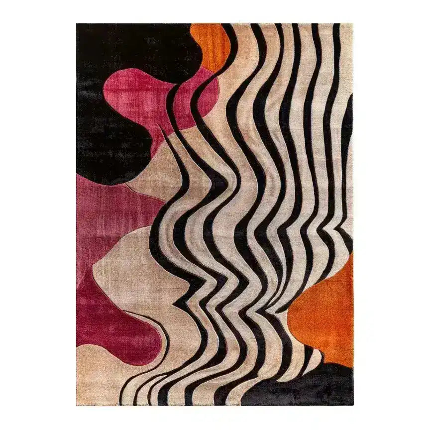 abstract odyssey hand tufted viscose rug with wavy black-cream stripes and bold pink, orange, black organic forms on cream
