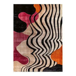 abstract odyssey hand tufted viscose rug with wavy black-cream stripes and bold pink, orange, black organic forms on cream