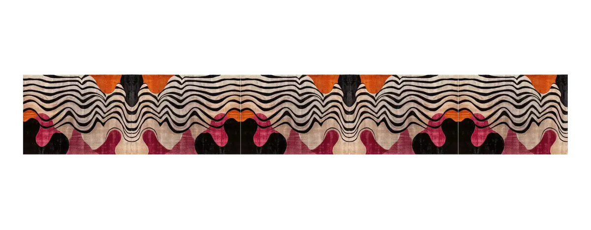 abstract odyssey hand tufted viscose rug swatch showing repeating wavy cream-black stripes above orange and pink organic blobs