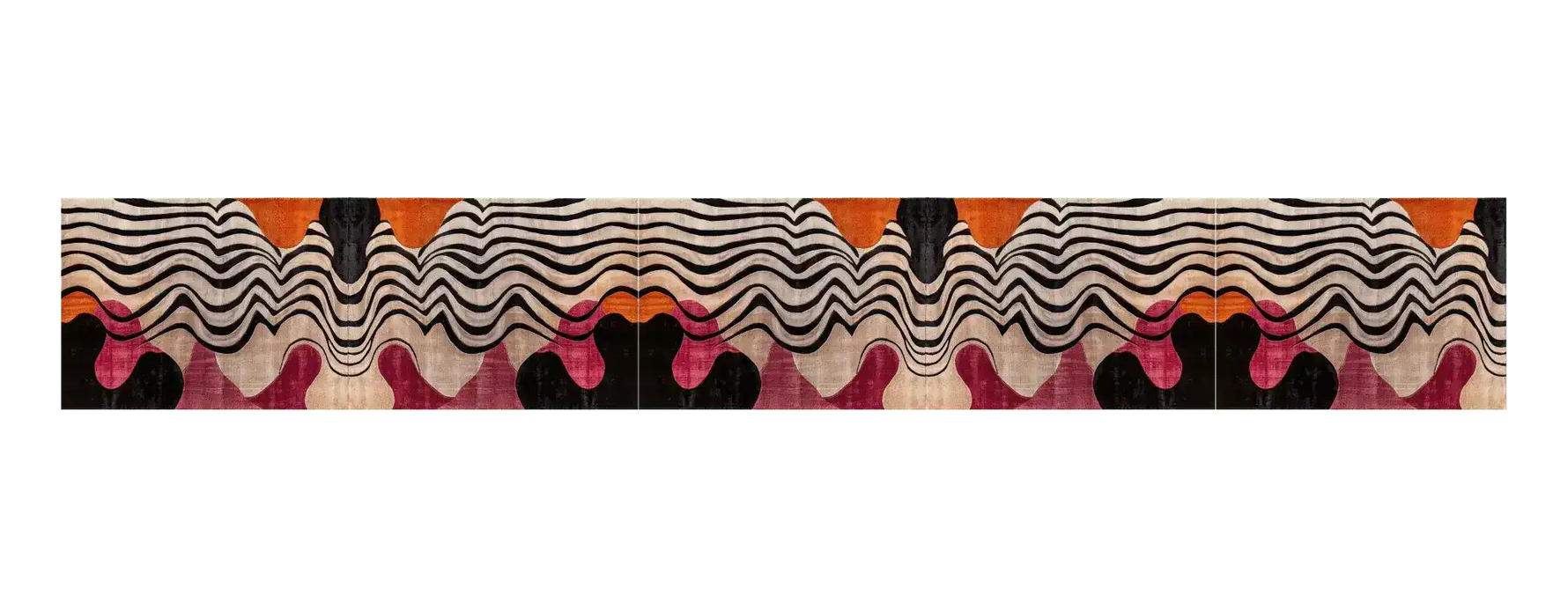 abstract odyssey hand tufted viscose rug swatch showing repeating wavy cream-black stripes above orange and pink organic blobs